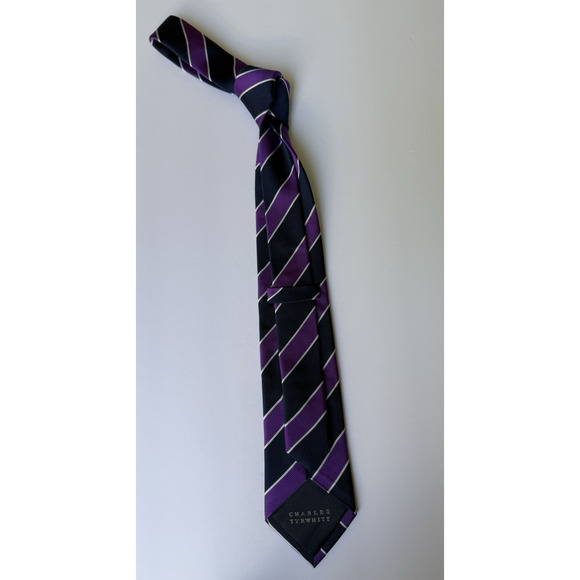 CHARLES‎ TYRWHITT Men's 100% Silk Necktie Designer Blue Purple White Striped EUC - Picture 8 of 8